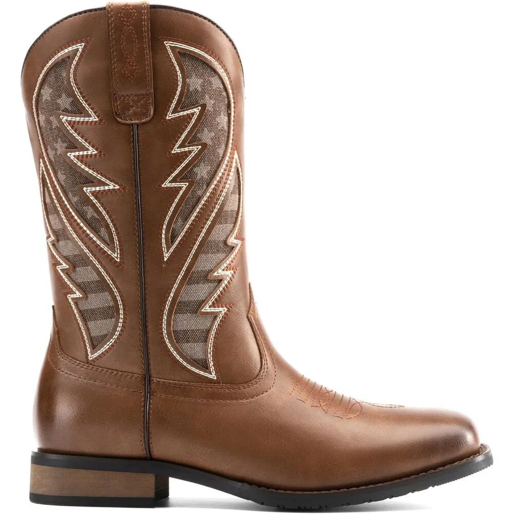 Men's Brown Durable Cowboy Classic Slip On Western Boots With Chic Embroidered